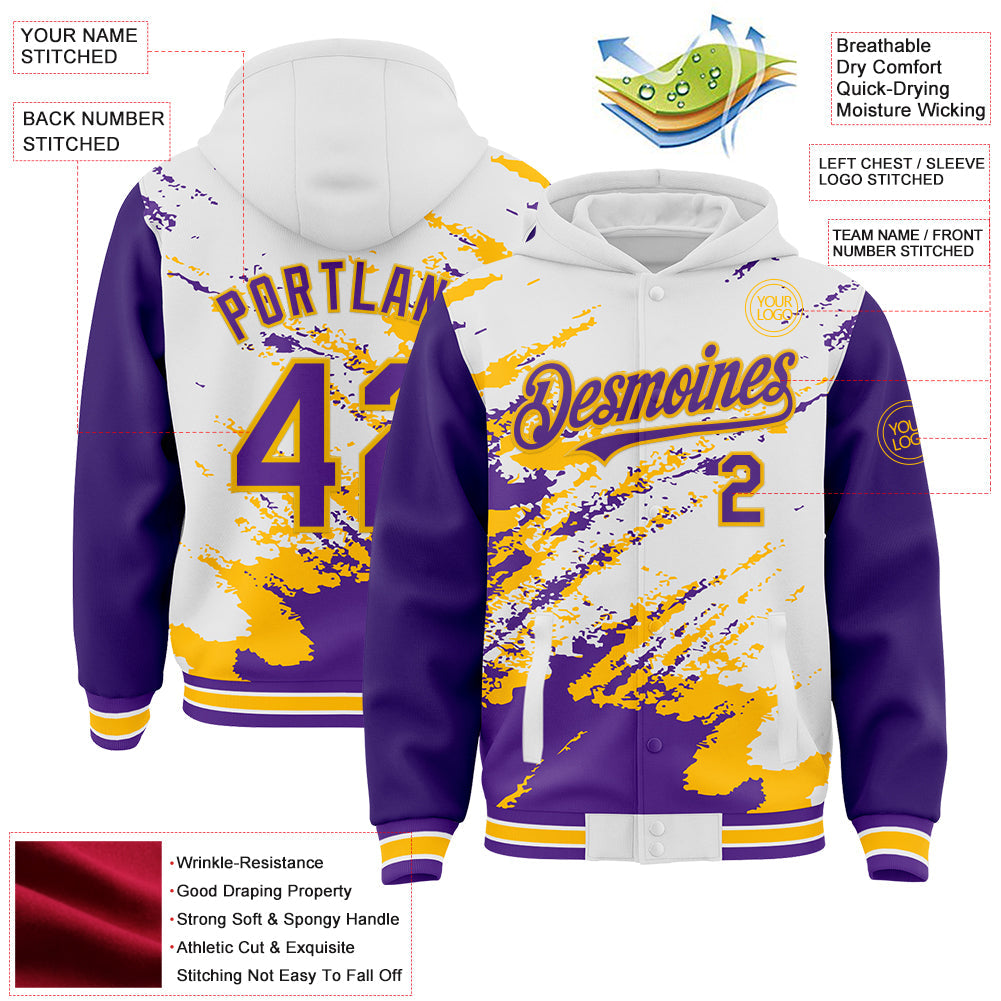 Custom White Purple-Gold Splash Art 3D Pattern Design Bomber Full-Snap Varsity Letterman Hoodie Jacket view 4