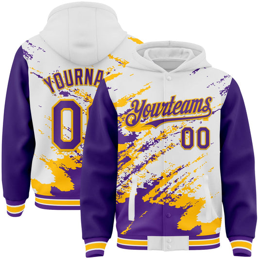 Custom White Purple-Gold Splash Art 3D Pattern Design Bomber Full-Snap Varsity Letterman Hoodie Jacket - Main View
