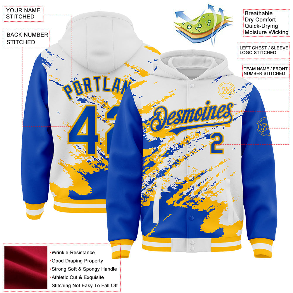Custom White Thunder Blue-Gold Splash Art 3D Pattern Design Bomber Full-Snap Varsity Letterman Hoodie Jacket view 4