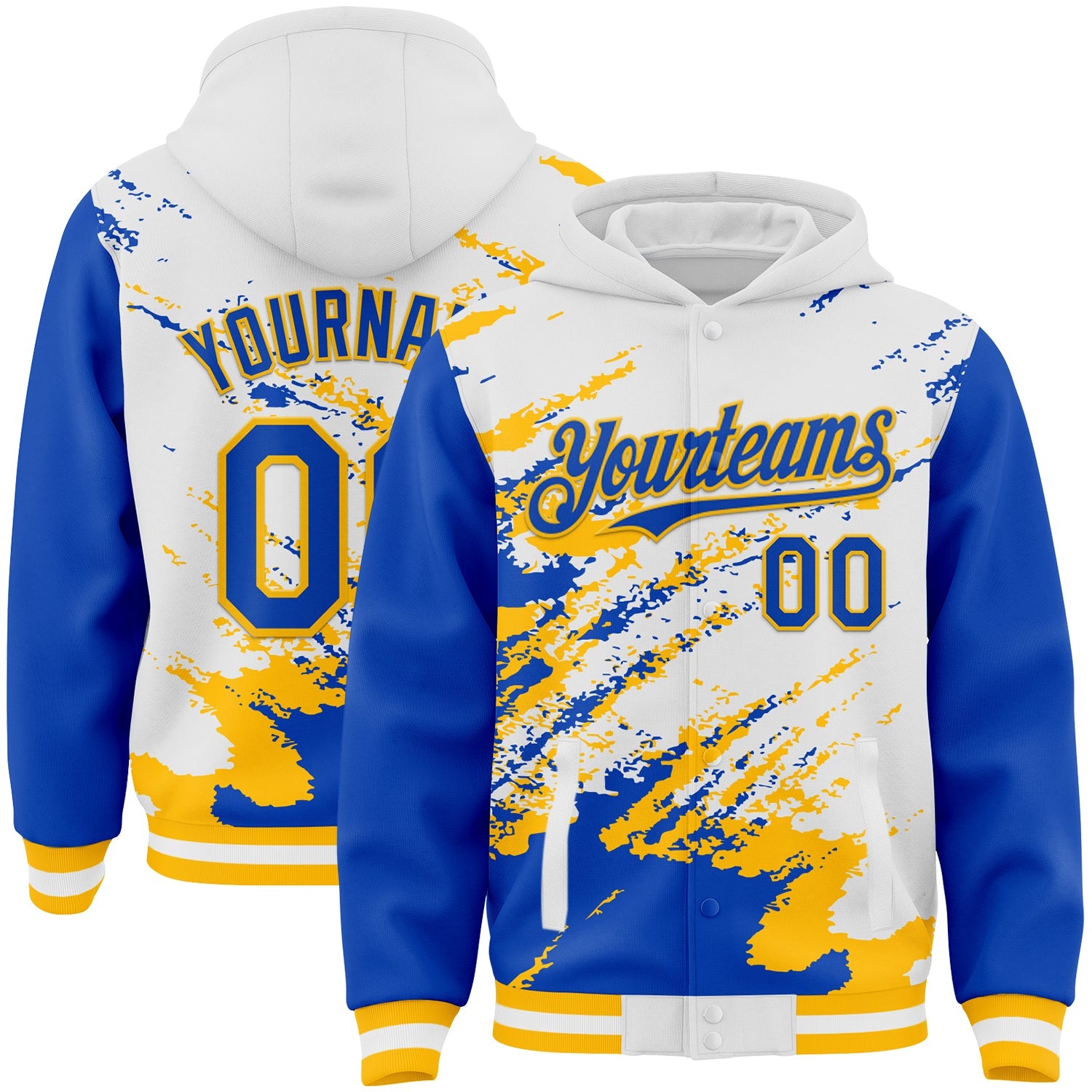 Custom White Thunder Blue-Gold Splash Art 3D Pattern Design Bomber Full-Snap Varsity Letterman Hoodie Jacket - Main View