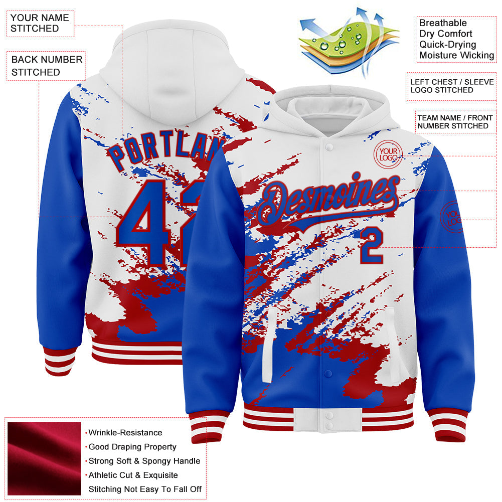 Custom White Thunder Blue-Red Splash Art 3D Pattern Design Bomber Full-Snap Varsity Letterman Hoodie Jacket view 4