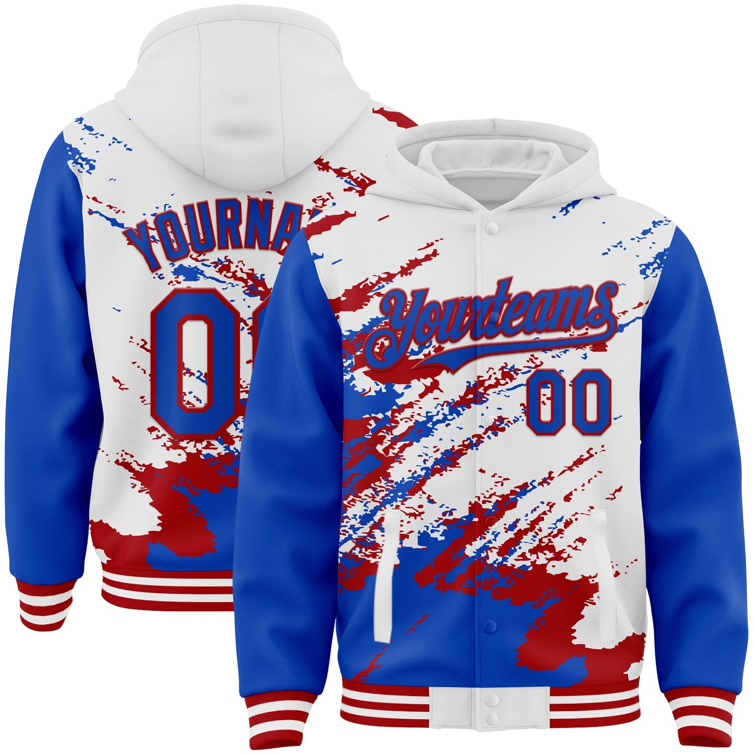 Custom White Thunder Blue-Red Splash Art 3D Pattern Design Bomber Full-Snap Varsity Letterman Hoodie Jacket - Main View