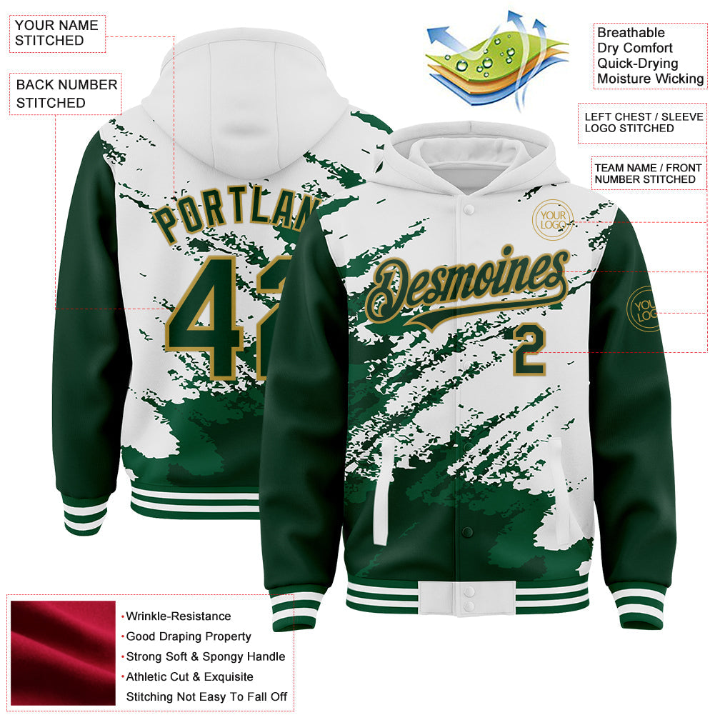 Custom White Green Old Gold Kelly Green Splash Art 3D Pattern Design Bomber Full-Snap Varsity Letterman Hoodie Jacket view 4