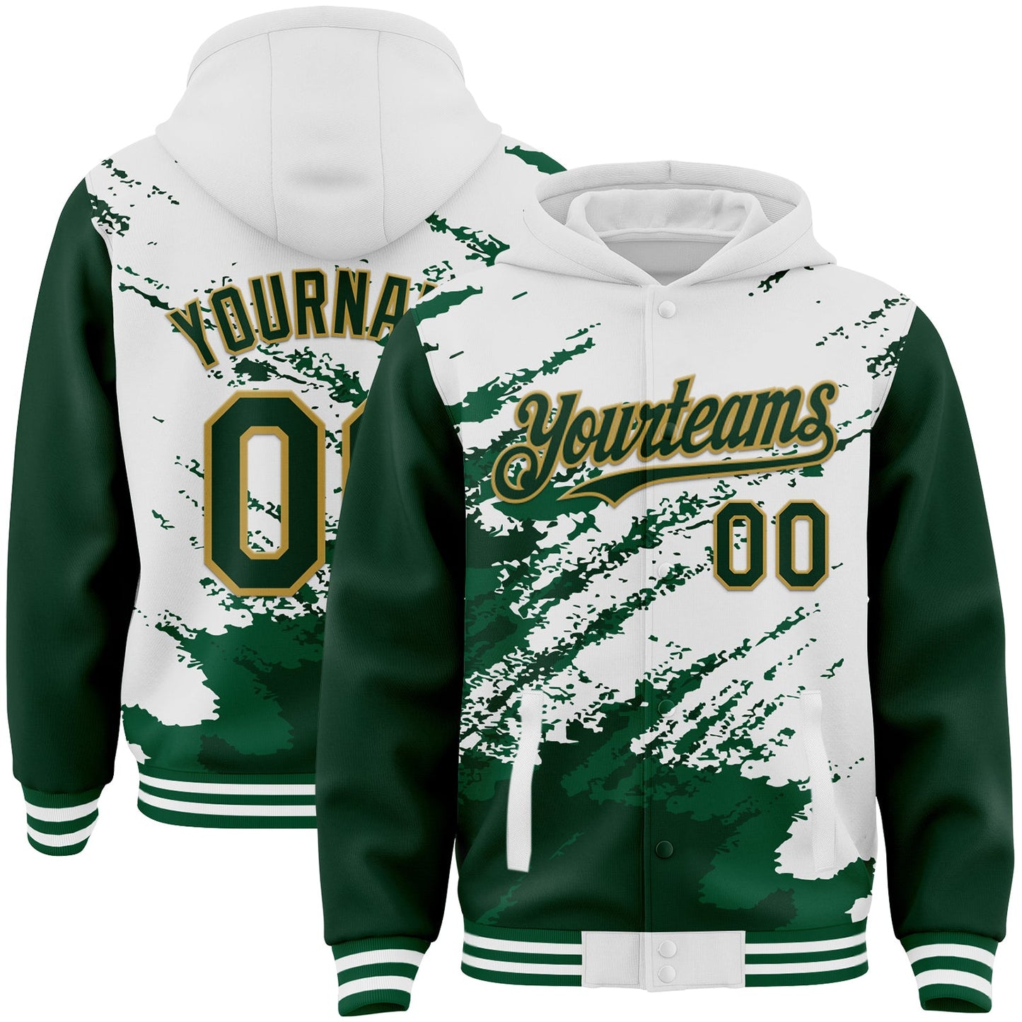 Custom White Green Old Gold Kelly Green Splash Art 3D Pattern Design Bomber Full-Snap Varsity Letterman Hoodie Jacket - Main View