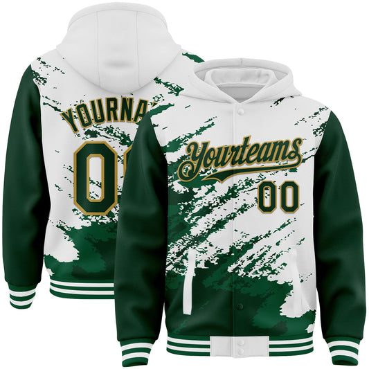 Custom White Green Old Gold Kelly Green Splash Art 3D Pattern Design Bomber Full-Snap Varsity Letterman Hoodie Jacket - Main View