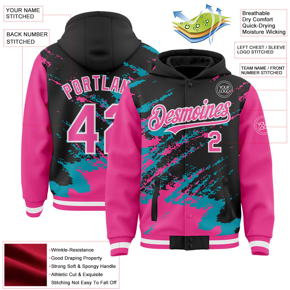 Custom Black Pink Teal-White Splash Art 3D Pattern Design Bomber Full-Snap Varsity Letterman Hoodie Jacket view 4