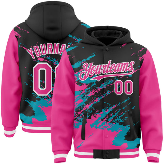 Custom Black Pink Teal-White Splash Art 3D Pattern Design Bomber Full-Snap Varsity Letterman Hoodie Jacket - Main View