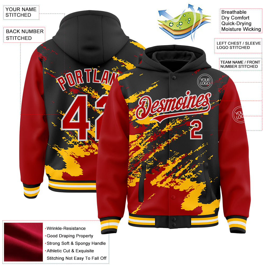 Custom Black Red Gold-White Splash Art 3D Pattern Design Bomber Full-Snap Varsity Letterman Hoodie Jacket view 4