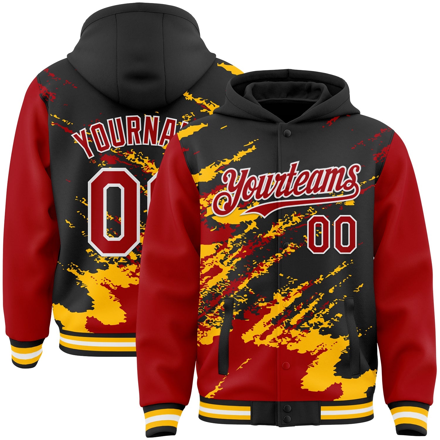 Custom Black Red Gold-White Splash Art 3D Pattern Design Bomber Full-Snap Varsity Letterman Hoodie Jacket - Main View