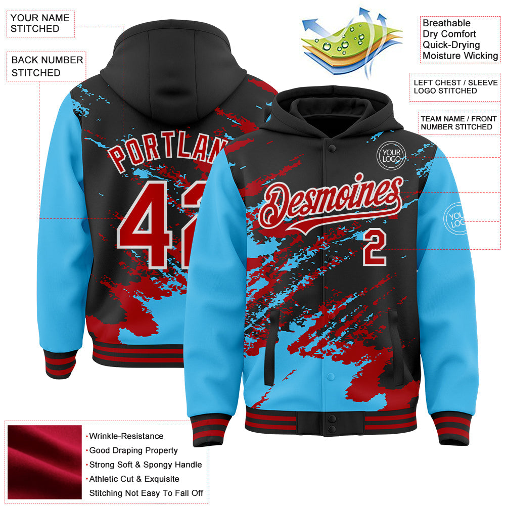 Custom Black Red Sky Blue-White Splash Art 3D Pattern Design Bomber Full-Snap Varsity Letterman Hoodie Jacket view 4