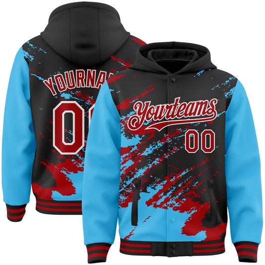 Custom Black Red Sky Blue-White Splash Art 3D Pattern Design Bomber Full-Snap Varsity Letterman Hoodie Jacket - Main View