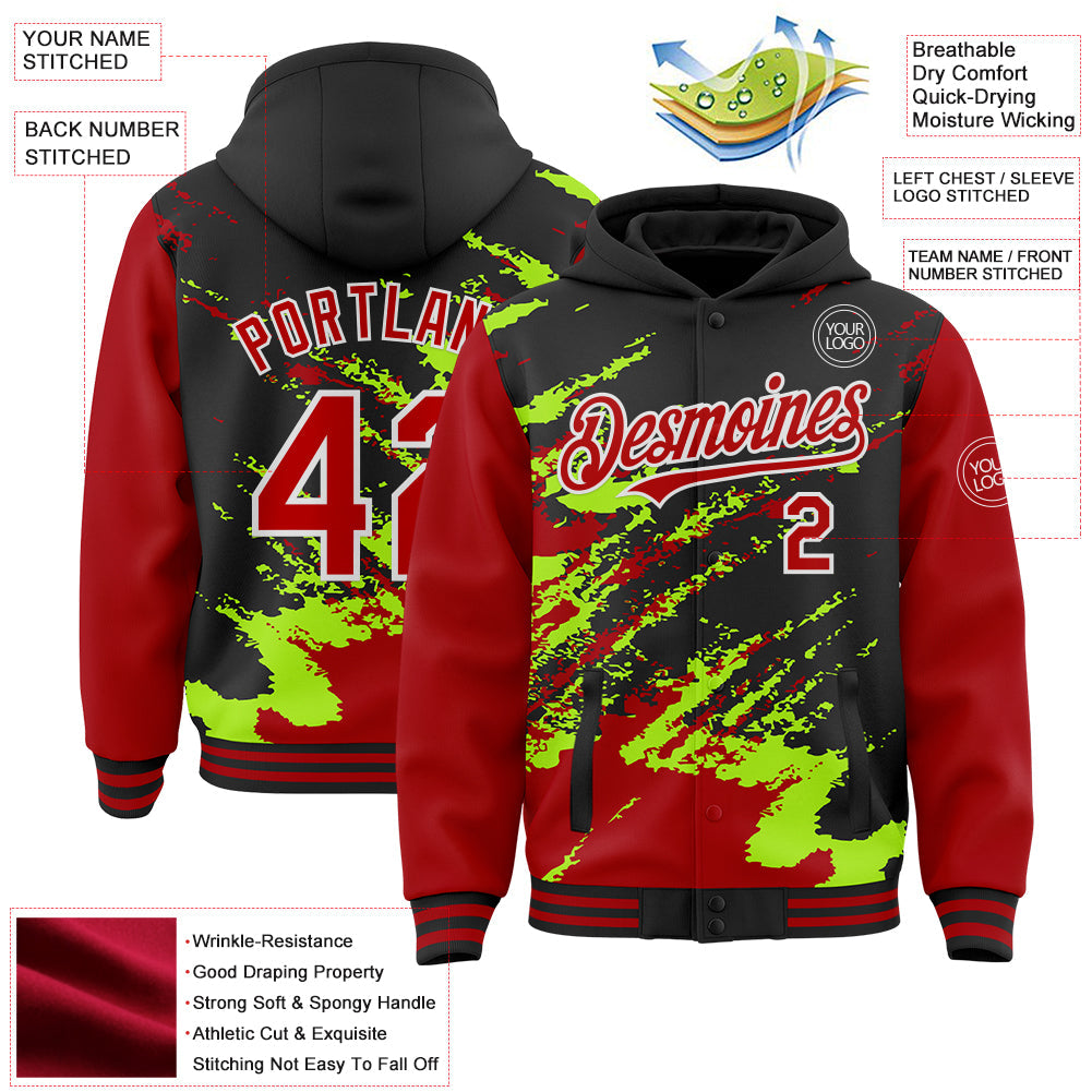 Custom Black Red Neon Green-White Splash Art 3D Pattern Design Bomber Full-Snap Varsity Letterman Hoodie Jacket view 4