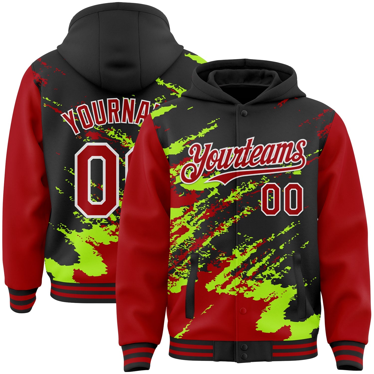 Custom Black Red Neon Green-White Splash Art 3D Pattern Design Bomber Full-Snap Varsity Letterman Hoodie Jacket - Main View