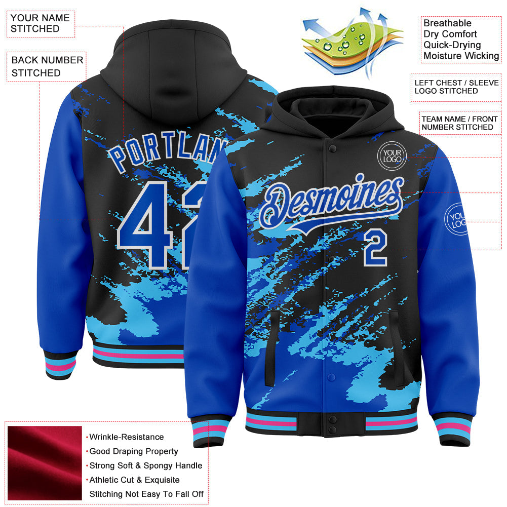 Custom Black Thunder Blue Sky Blue Pink-White Splash Art 3D Pattern Design Bomber Full-Snap Varsity Letterman Hoodie Jacket view 4