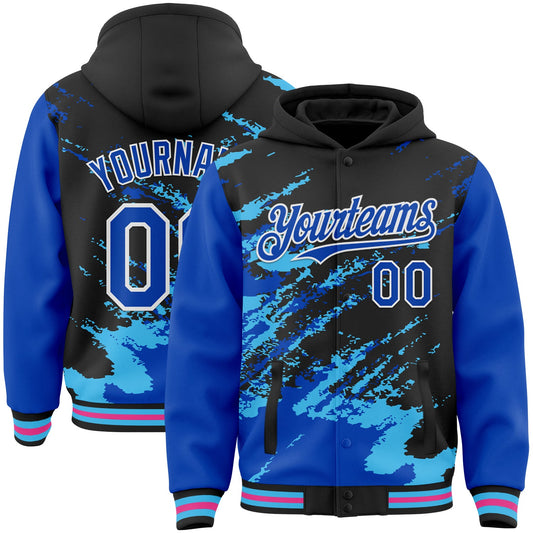 Custom Black Thunder Blue Sky Blue Pink-White Splash Art 3D Pattern Design Bomber Full-Snap Varsity Letterman Hoodie Jacket - Main View