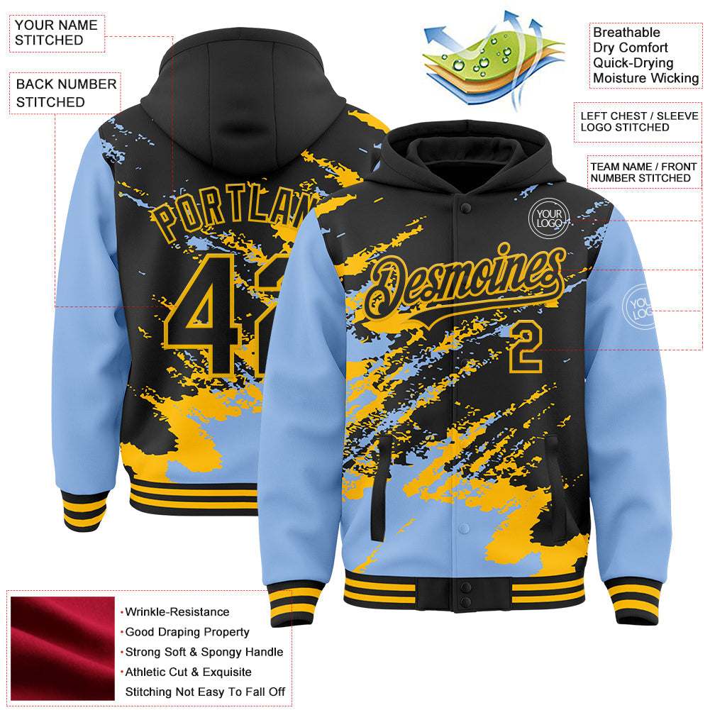 Custom Black Light Blue-Gold Splash Art 3D Pattern Design Bomber Full-Snap Varsity Letterman Hoodie Jacket view 4