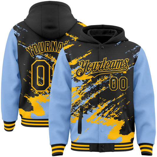 Custom Black Light Blue-Gold Splash Art 3D Pattern Design Bomber Full-Snap Varsity Letterman Hoodie Jacket - Main View
