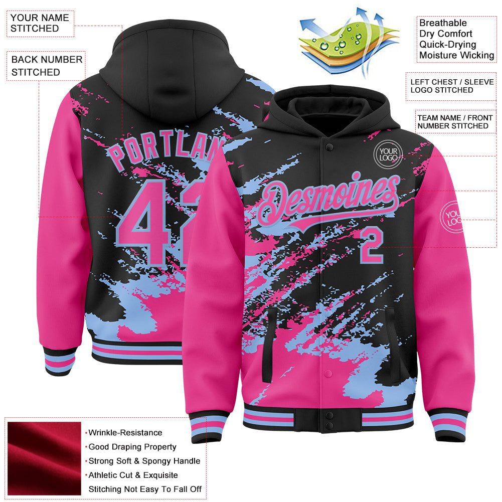Custom Black Pink-Light Blue Splash Art 3D Pattern Design Bomber Full-Snap Varsity Letterman Hoodie Jacket view 4
