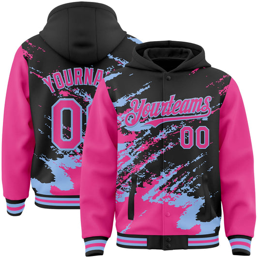 Custom Black Pink-Light Blue Splash Art 3D Pattern Design Bomber Full-Snap Varsity Letterman Hoodie Jacket - Main View