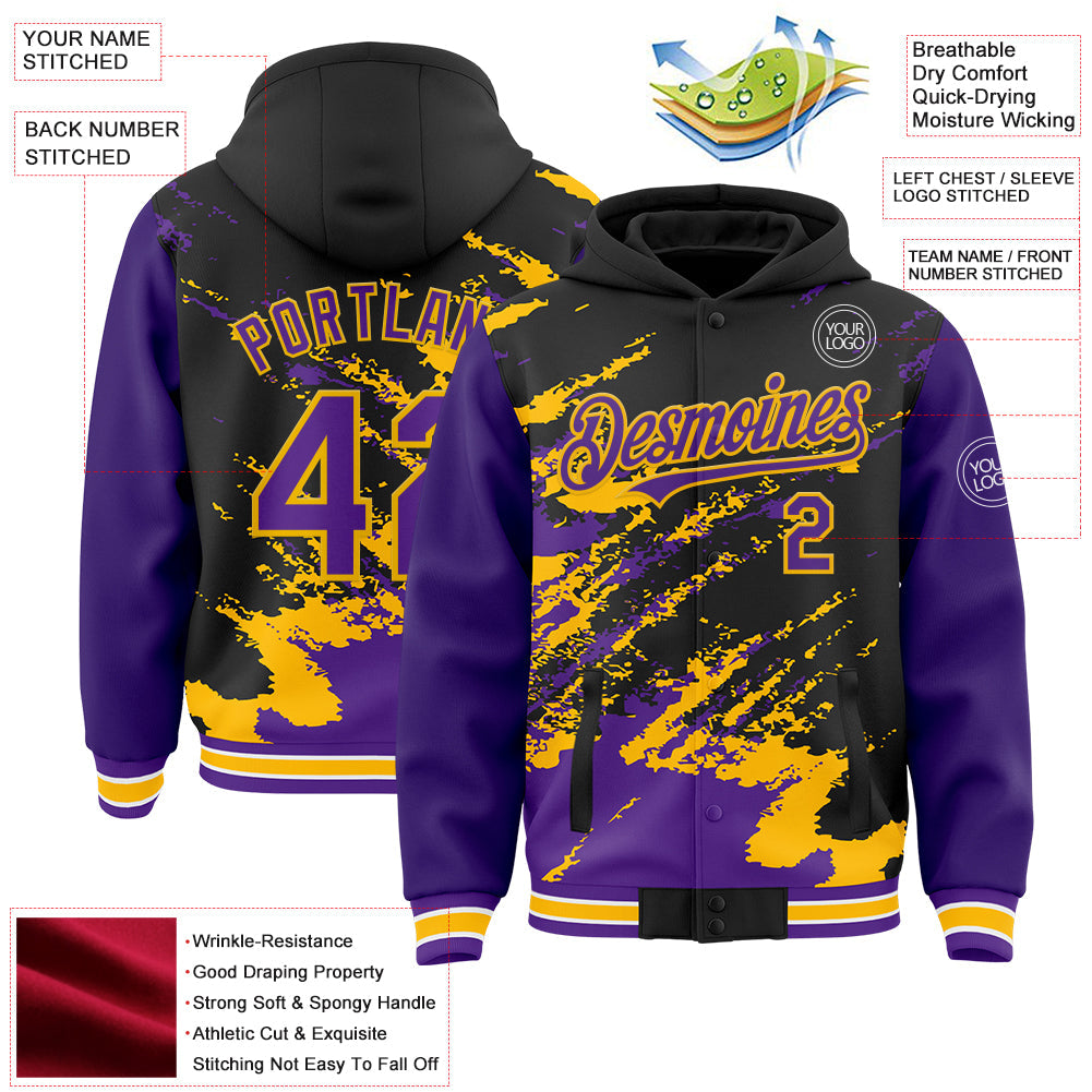 Custom Black Purple Gold-White Splash Art 3D Pattern Design Bomber Full-Snap Varsity Letterman Hoodie Jacket view 4