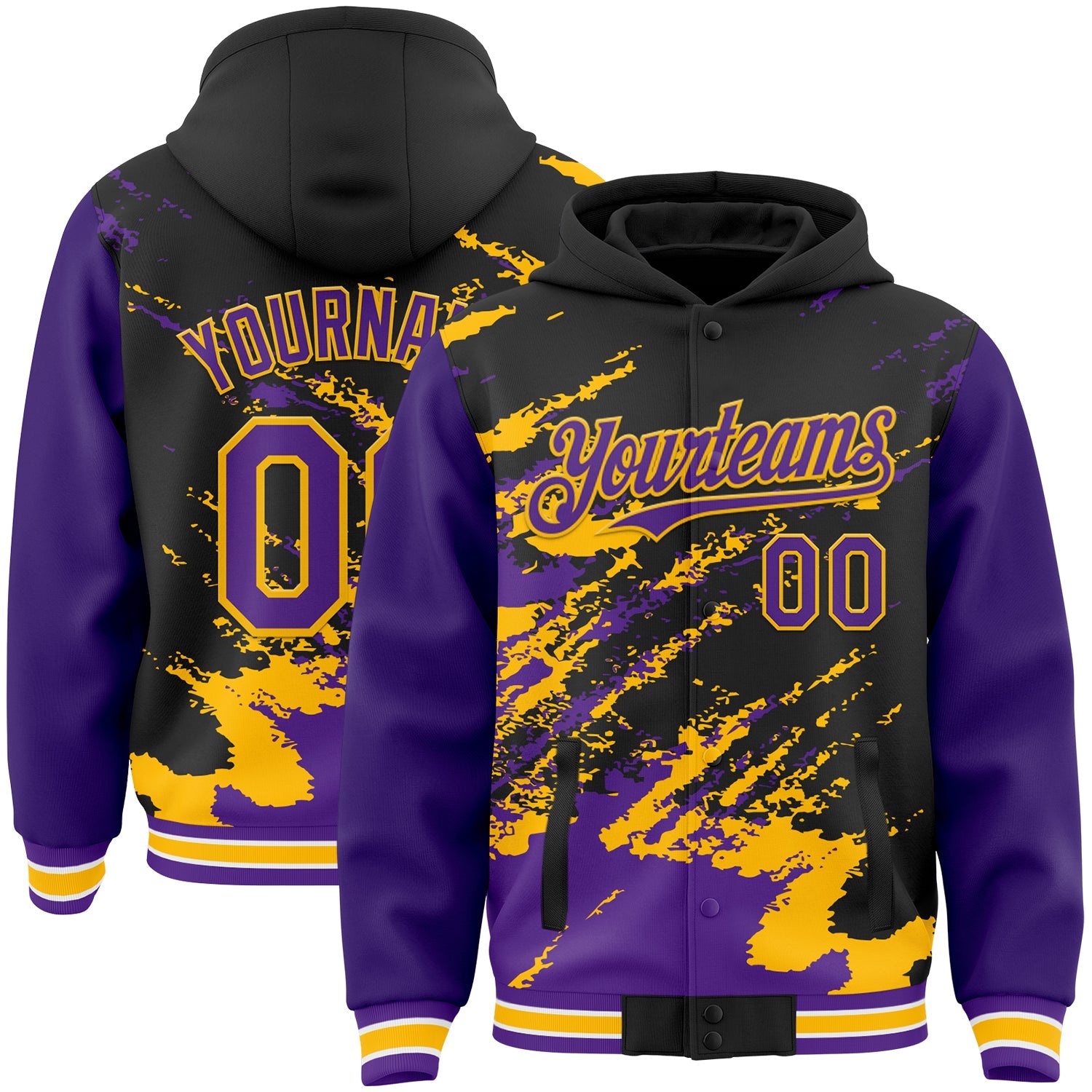 Custom Black Purple Gold-White Splash Art 3D Pattern Design Bomber Full-Snap Varsity Letterman Hoodie Jacket - Main View