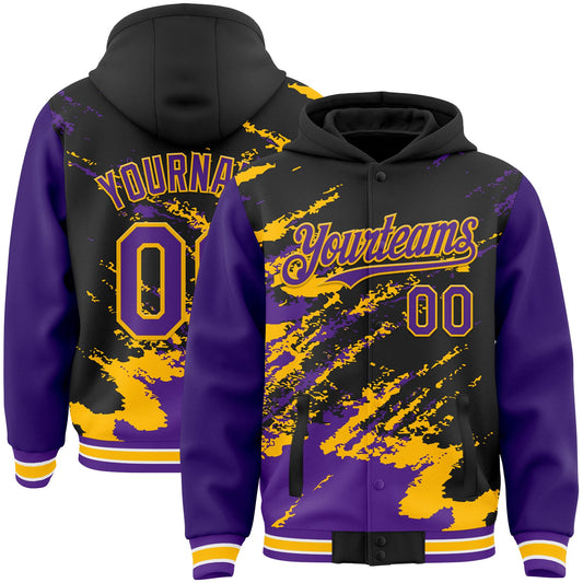 Custom Black Purple Gold-White Splash Art 3D Pattern Design Bomber Full-Snap Varsity Letterman Hoodie Jacket - Main View