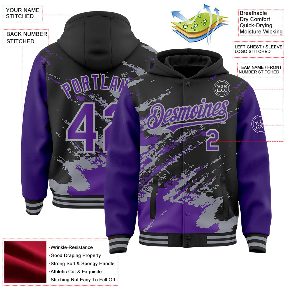Custom Black Purple-Gray Splash Art 3D Pattern Design Bomber Full-Snap Varsity Letterman Hoodie Jacket view 4
