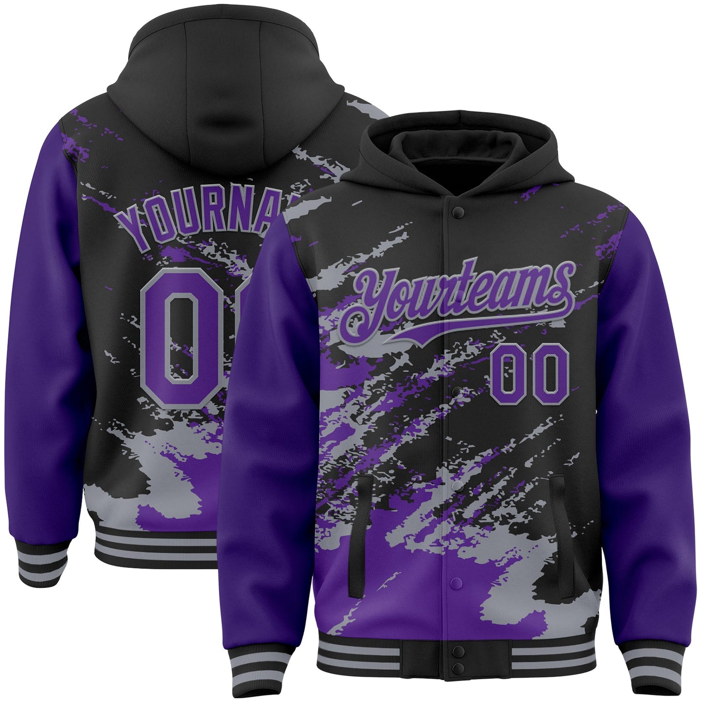 Custom Black Purple-Gray Splash Art 3D Pattern Design Bomber Full-Snap Varsity Letterman Hoodie Jacket - Main View