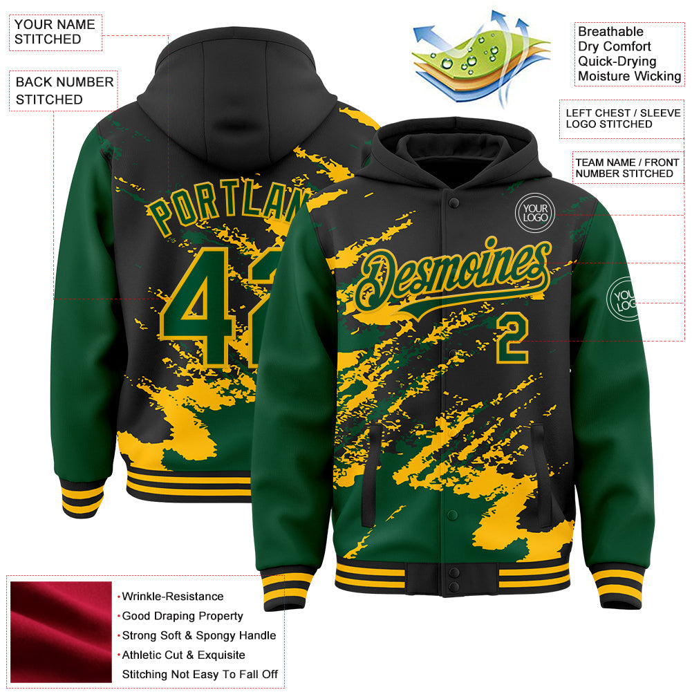 Custom Black Kelly Green-Gold Splash Art 3D Pattern Design Bomber Full-Snap Varsity Letterman Hoodie Jacket view 4