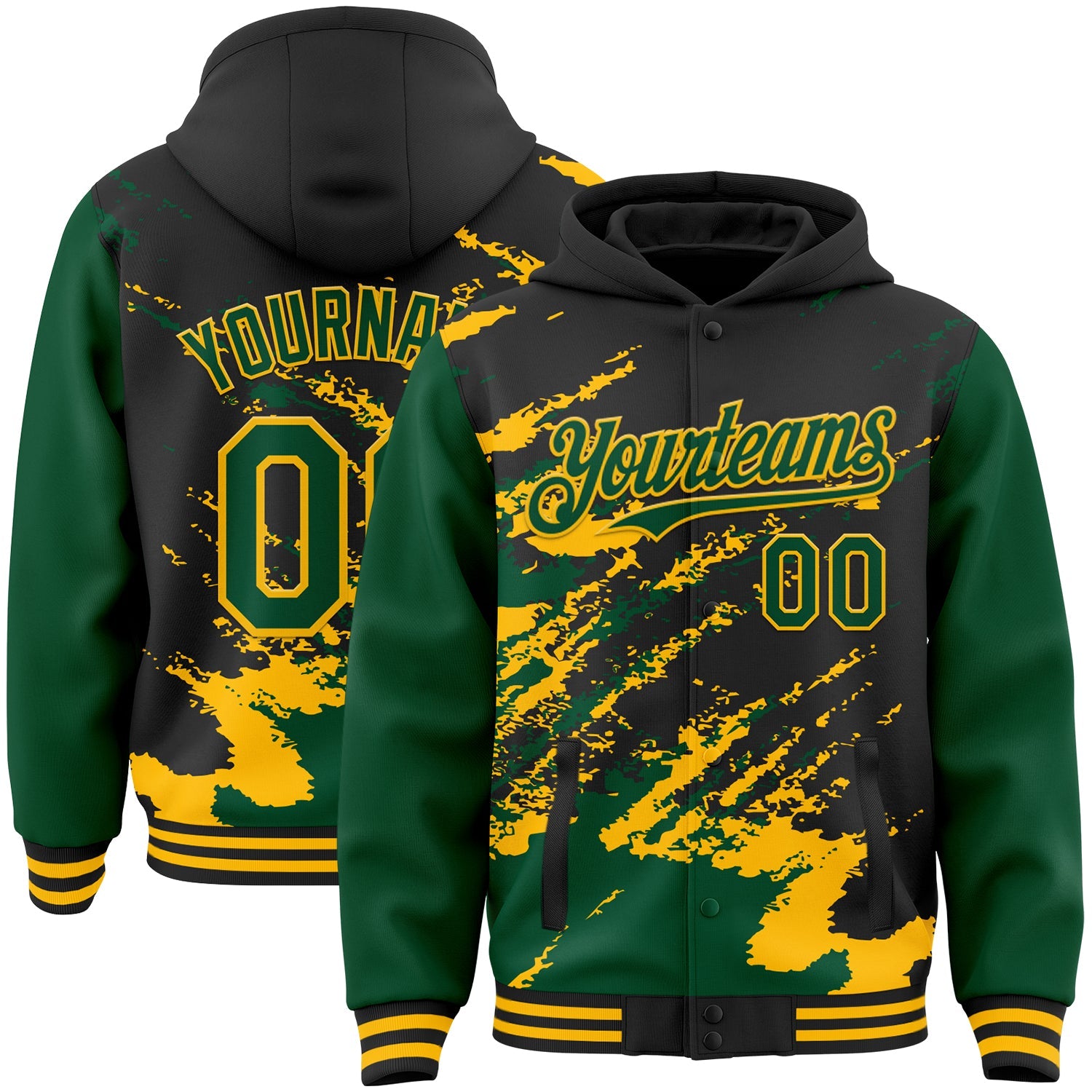 Custom Black Kelly Green-Gold Splash Art 3D Pattern Design Bomber Full-Snap Varsity Letterman Hoodie Jacket - Main View