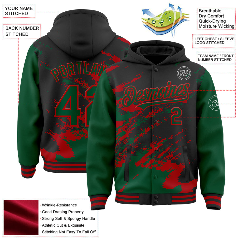 Custom Black Kelly Green-Red Splash Art 3D Pattern Design Bomber Full-Snap Varsity Letterman Hoodie Jacket view 4