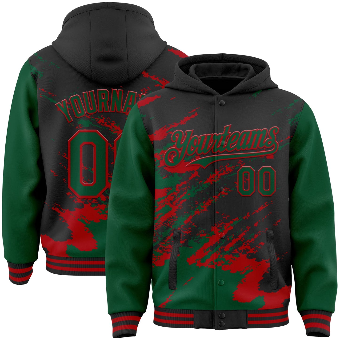 Custom Black Kelly Green-Red Splash Art 3D Pattern Design Bomber Full-Snap Varsity Letterman Hoodie Jacket - Main View