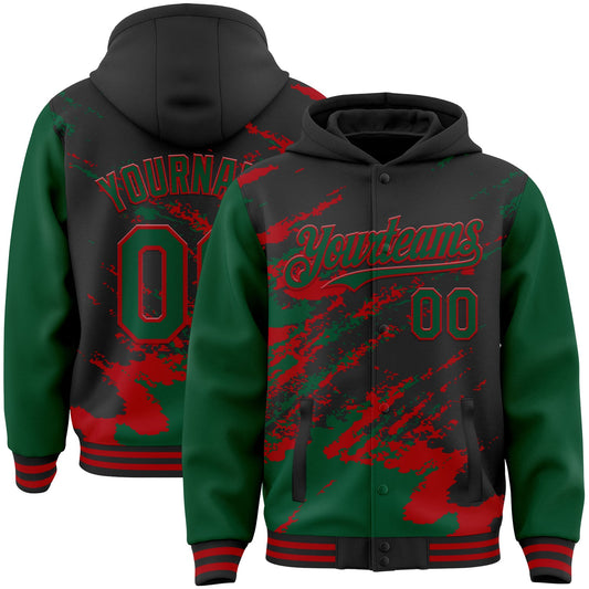 Custom Black Kelly Green-Red Splash Art 3D Pattern Design Bomber Full-Snap Varsity Letterman Hoodie Jacket - Main View
