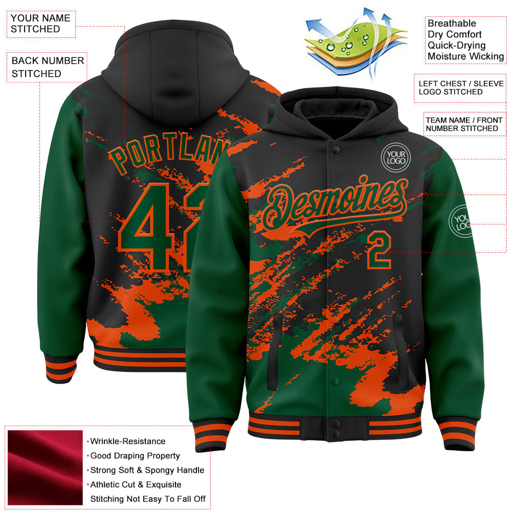 Custom Black Kelly Green-Orange Splash Art 3D Pattern Design Bomber Full-Snap Varsity Letterman Hoodie Jacket view 4