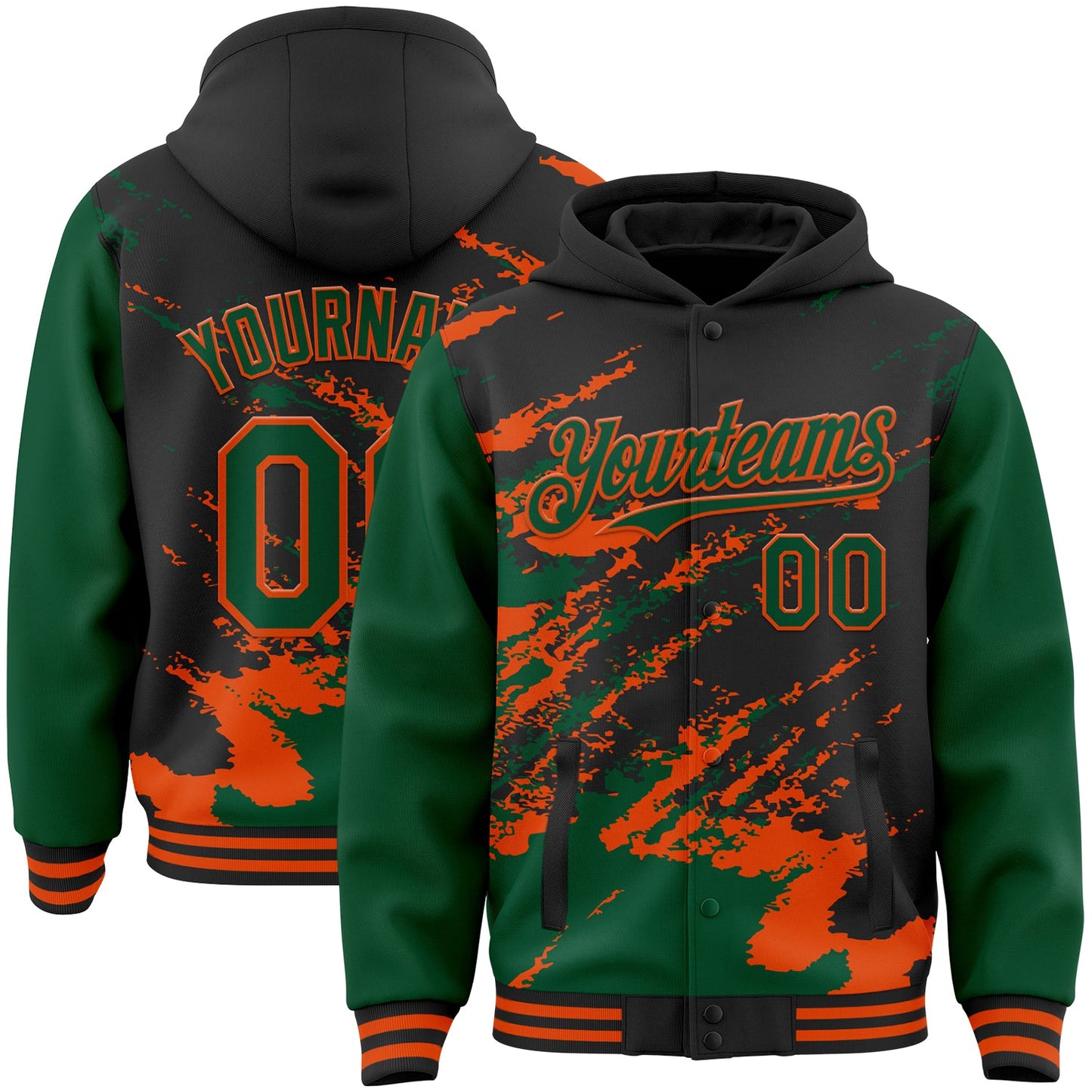 Custom Black Kelly Green-Orange Splash Art 3D Pattern Design Bomber Full-Snap Varsity Letterman Hoodie Jacket - Main View