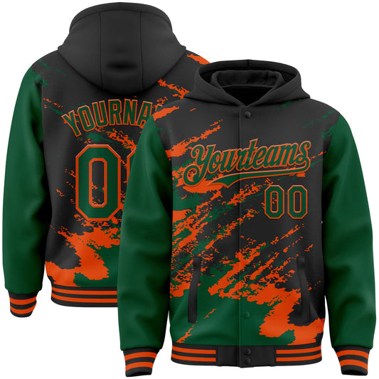Custom Black Kelly Green-Orange Splash Art 3D Pattern Design Bomber Full-Snap Varsity Letterman Hoodie Jacket - Main View