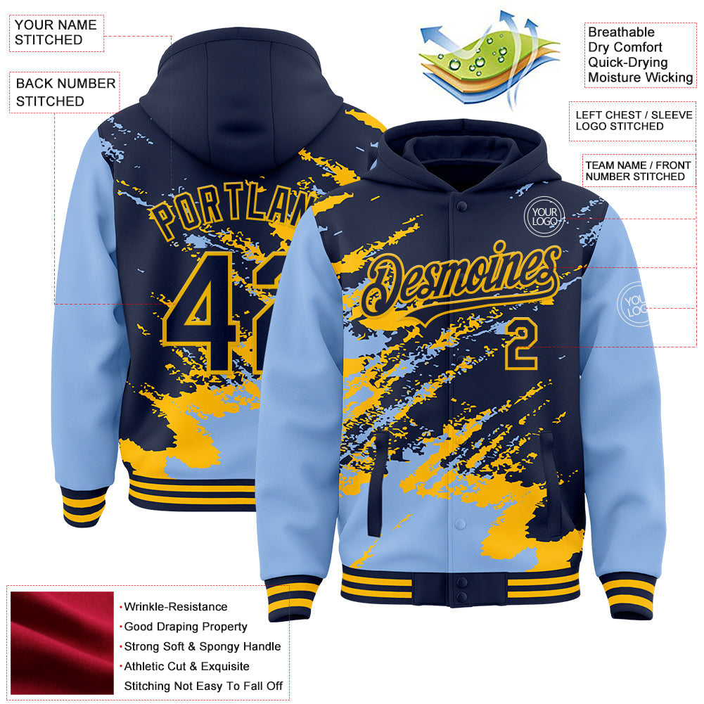 Custom Navy Light Blue-Gold Splash Art 3D Pattern Design Bomber Full-Snap Varsity Letterman Hoodie Jacket view 4