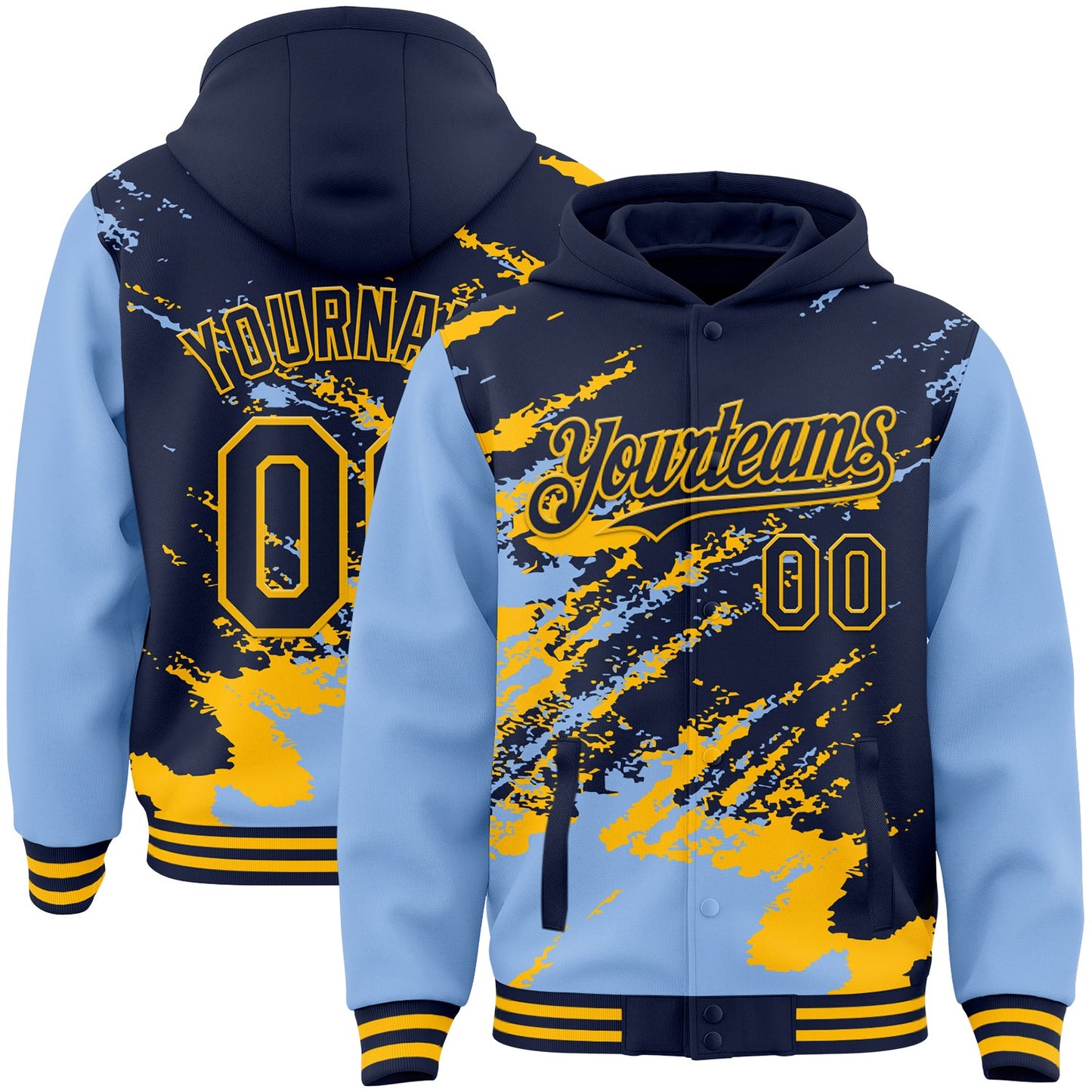Custom Navy Light Blue-Gold Splash Art 3D Pattern Design Bomber Full-Snap Varsity Letterman Hoodie Jacket - Main View