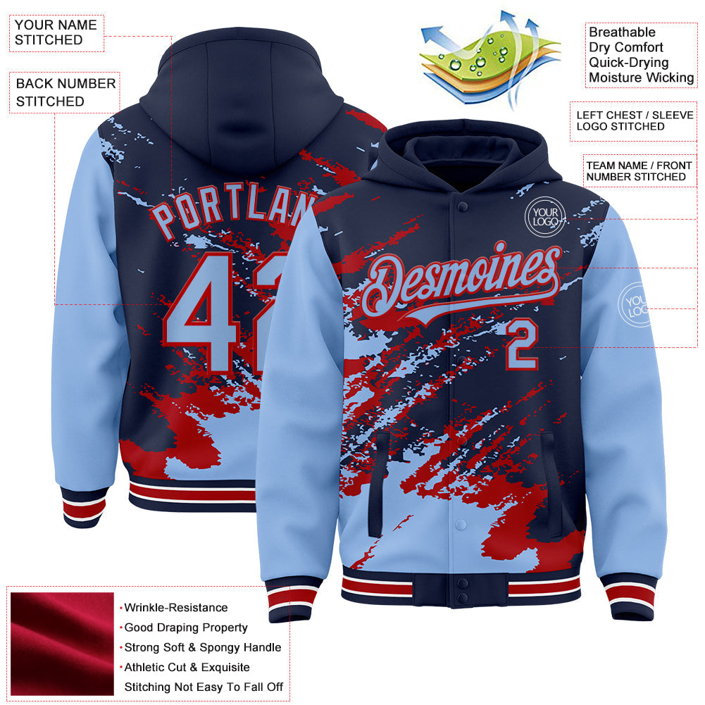 Custom Navy Light Blue Red-White Splash Art 3D Pattern Design Bomber Full-Snap Varsity Letterman Hoodie Jacket view 4