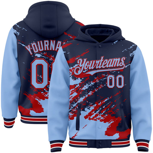 Custom Navy Light Blue Red-White Splash Art 3D Pattern Design Bomber Full-Snap Varsity Letterman Hoodie Jacket - Main View