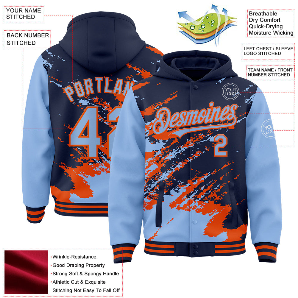Custom Navy Light Blue-Orange Splash Art 3D Pattern Design Bomber Full-Snap Varsity Letterman Hoodie Jacket view 4