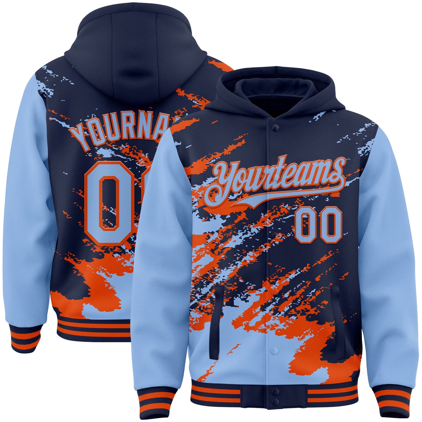 Custom Navy Light Blue-Orange Splash Art 3D Pattern Design Bomber Full-Snap Varsity Letterman Hoodie Jacket - Main View
