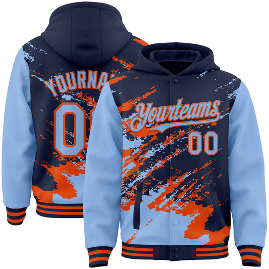 Custom Navy Light Blue-Orange Splash Art 3D Pattern Design Bomber Full-Snap Varsity Letterman Hoodie Jacket - Main View