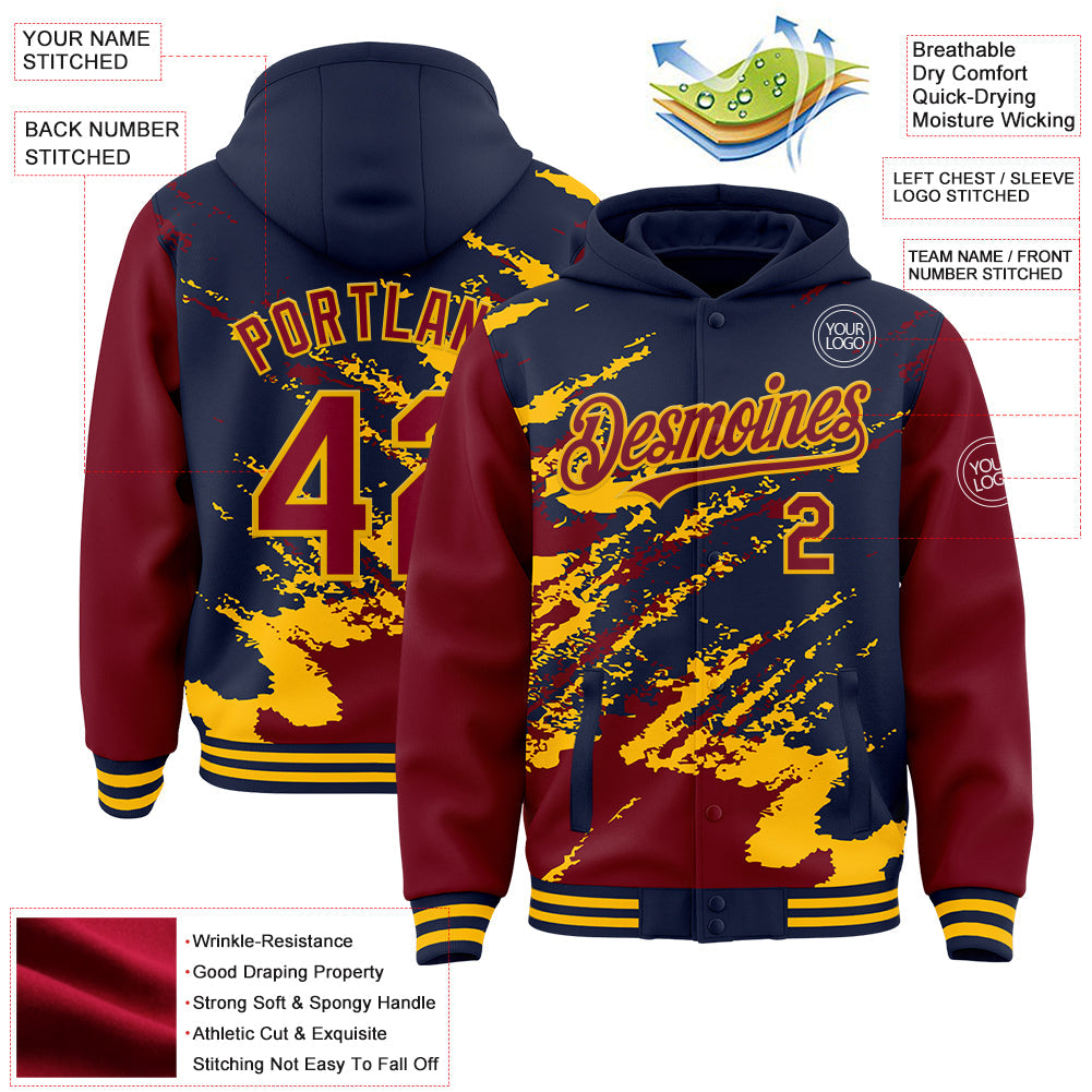 Custom Navy Crimson-Gold Splash Art 3D Pattern Design Bomber Full-Snap Varsity Letterman Hoodie Jacket view 4