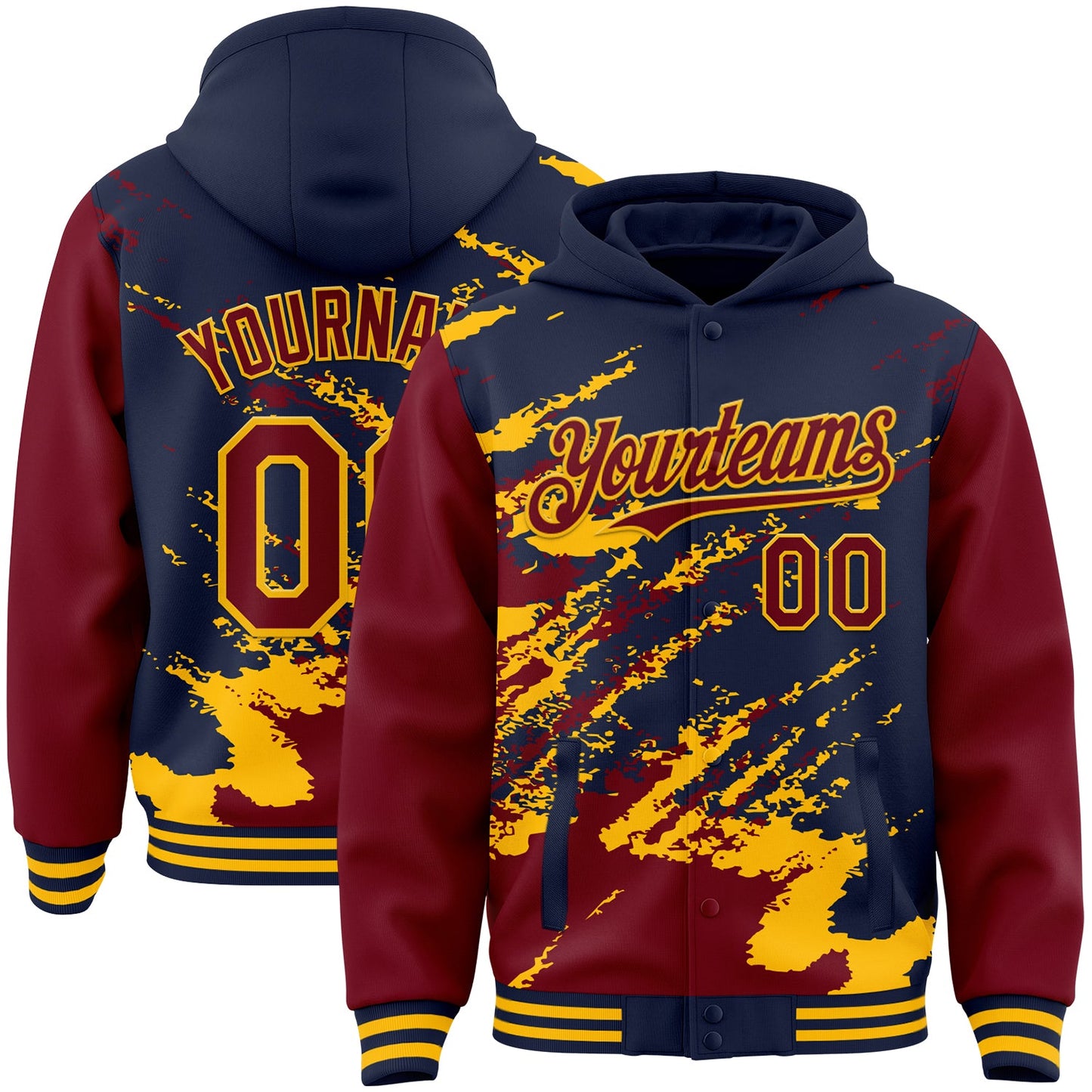 Custom Navy Crimson-Gold Splash Art 3D Pattern Design Bomber Full-Snap Varsity Letterman Hoodie Jacket - Main View