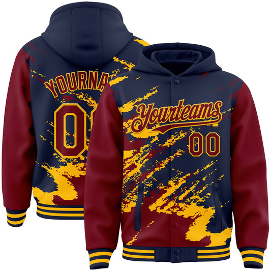 Custom Navy Crimson-Gold Splash Art 3D Pattern Design Bomber Full-Snap Varsity Letterman Hoodie Jacket - Main View