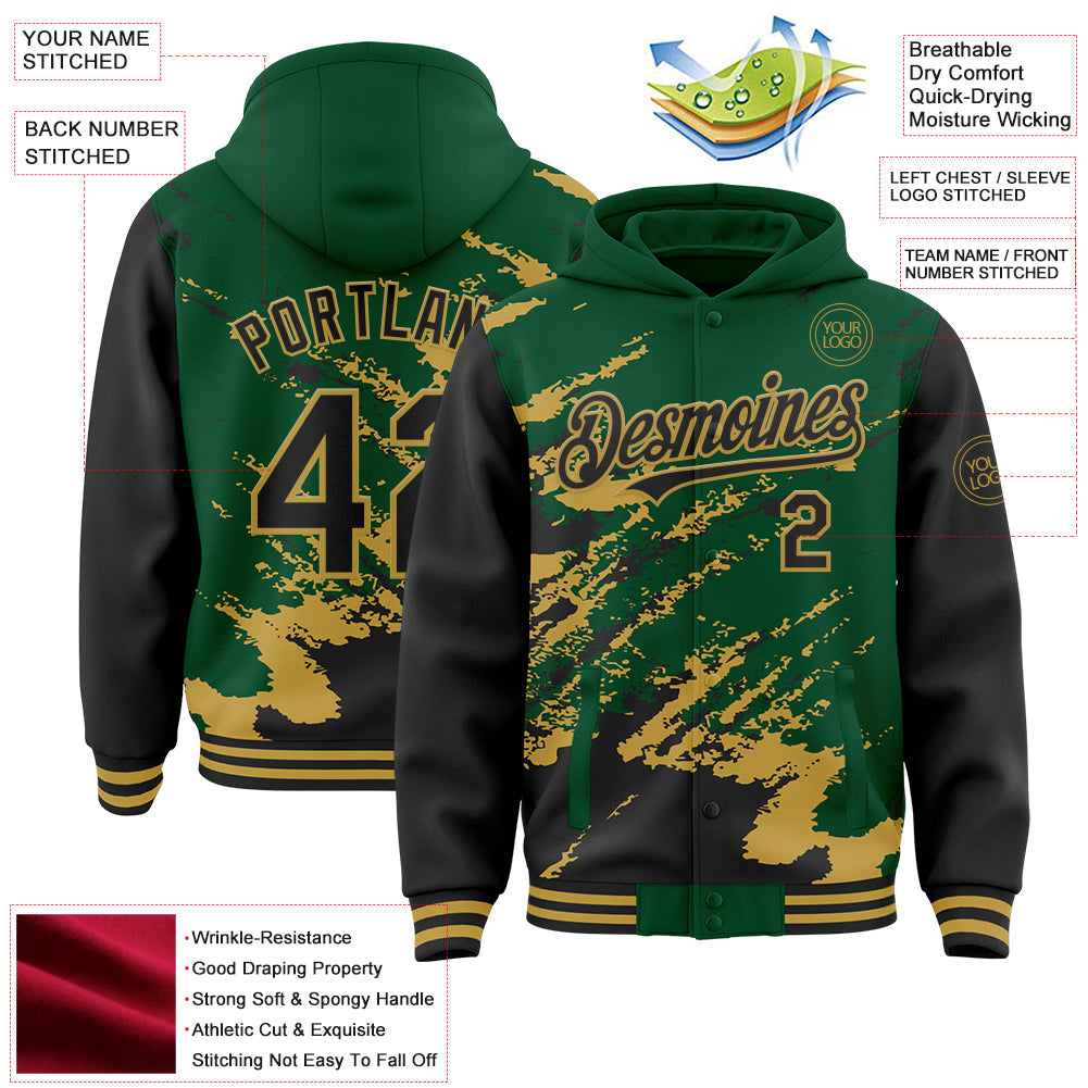 Custom Kelly Green Black-Old Gold Splash Art 3D Pattern Design Bomber Full-Snap Varsity Letterman Hoodie Jacket view 4