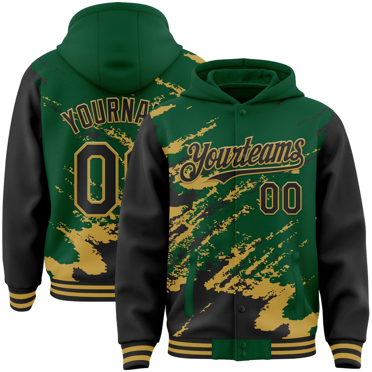 Custom Kelly Green Black-Old Gold Splash Art 3D Pattern Design Bomber Full-Snap Varsity Letterman Hoodie Jacket - Main View