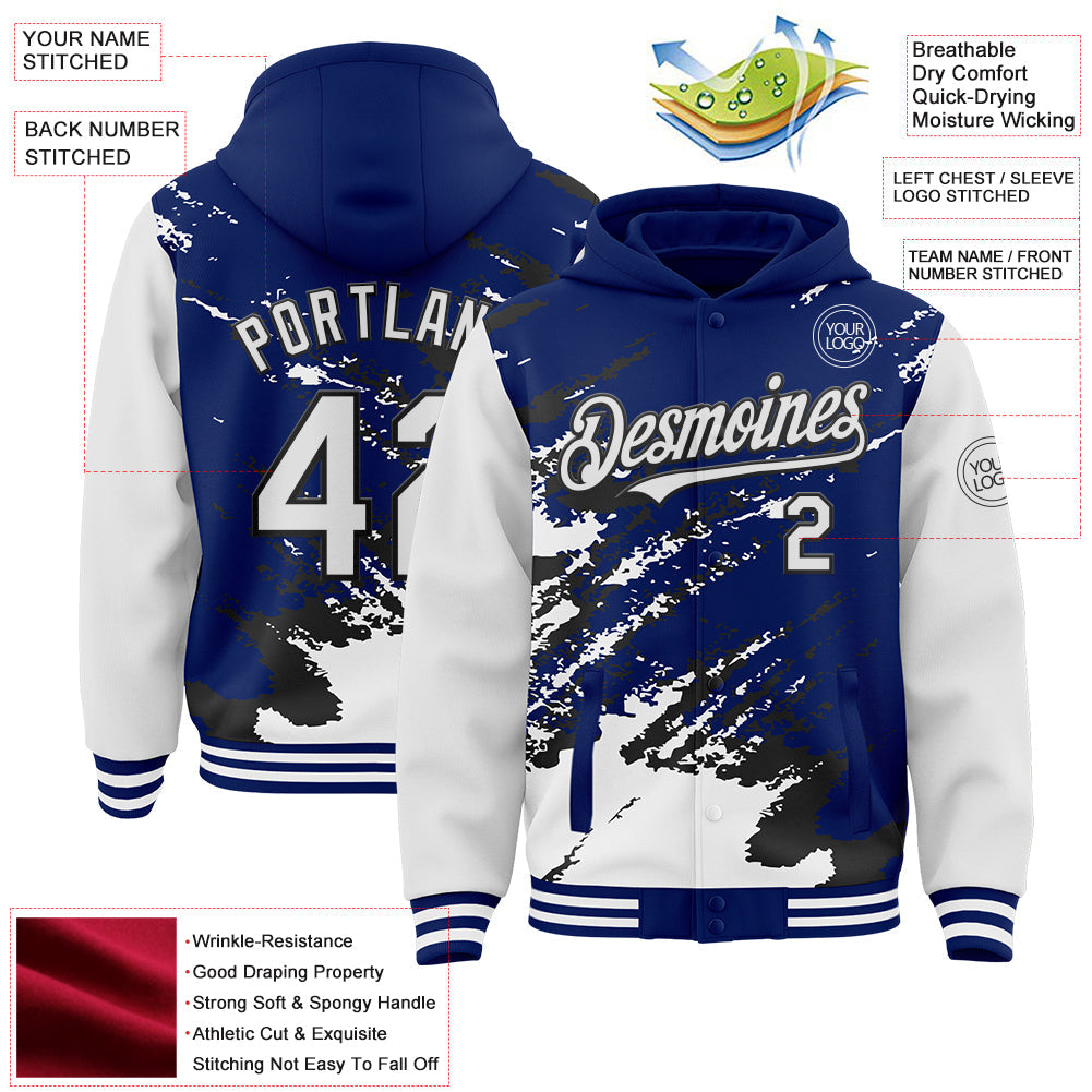 Custom Royal White-Black Splash Art 3D Pattern Design Bomber Full-Snap Varsity Letterman Hoodie Jacket view 4