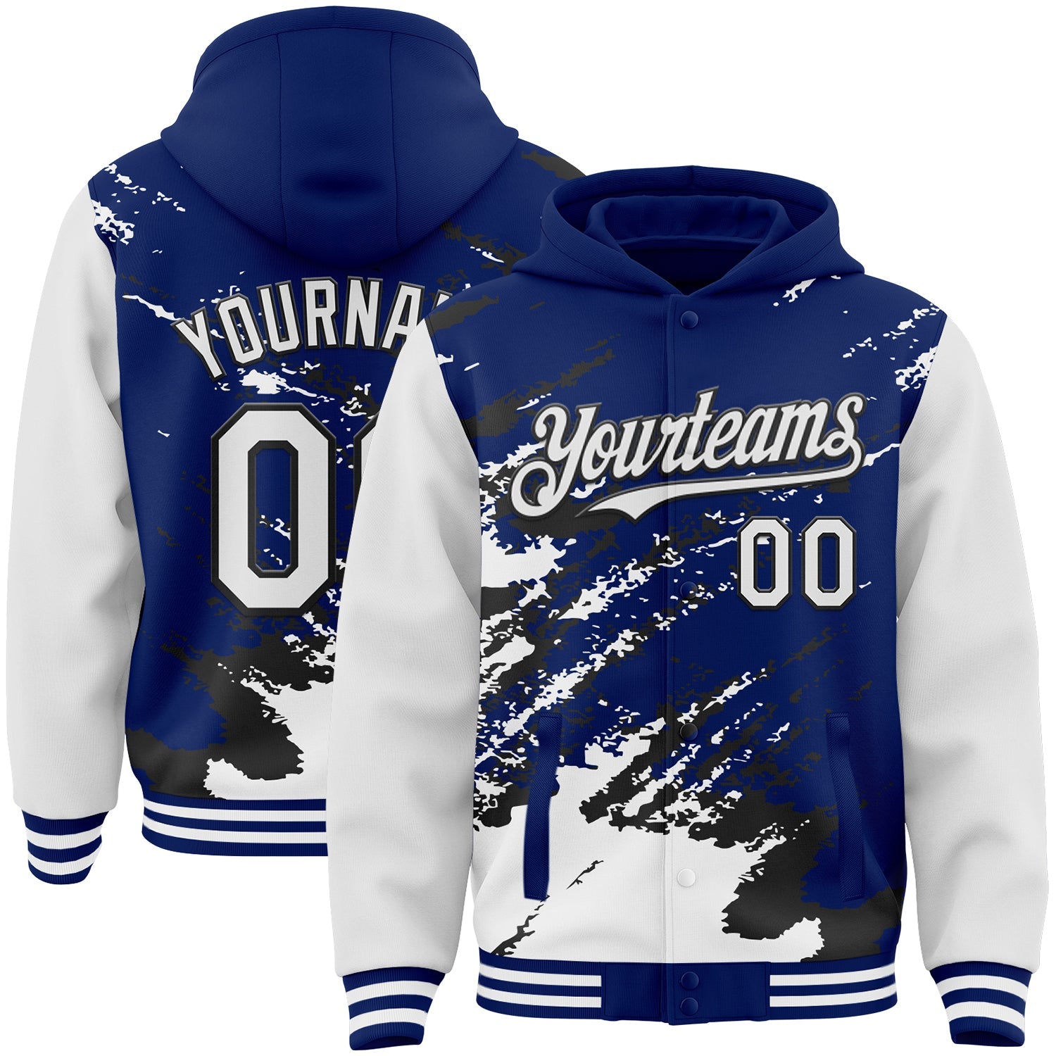 Custom Royal White-Black Splash Art 3D Pattern Design Bomber Full-Snap Varsity Letterman Hoodie Jacket - Main View